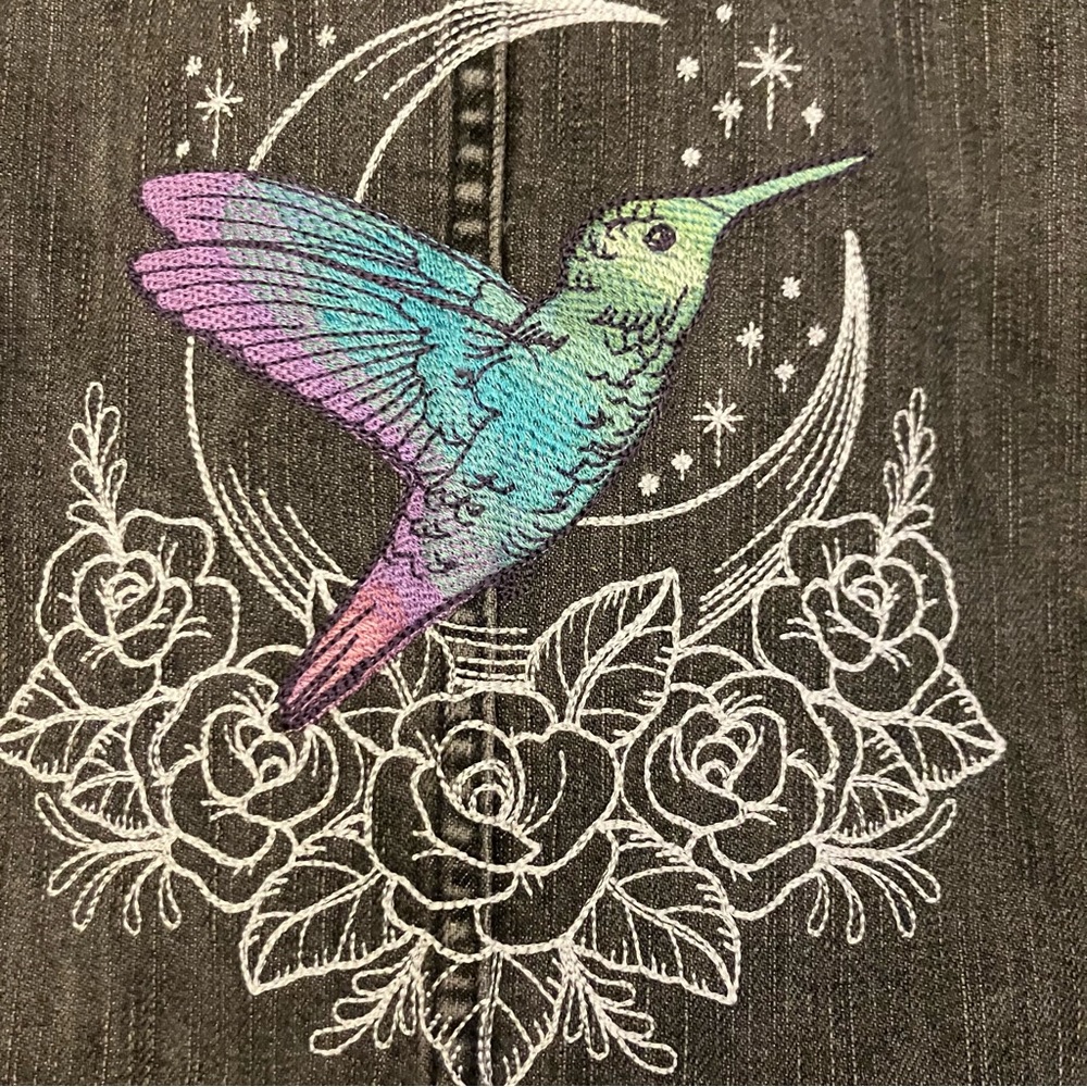 DKNY Upcycled denim jacket w/ moon, stars, hummingbird